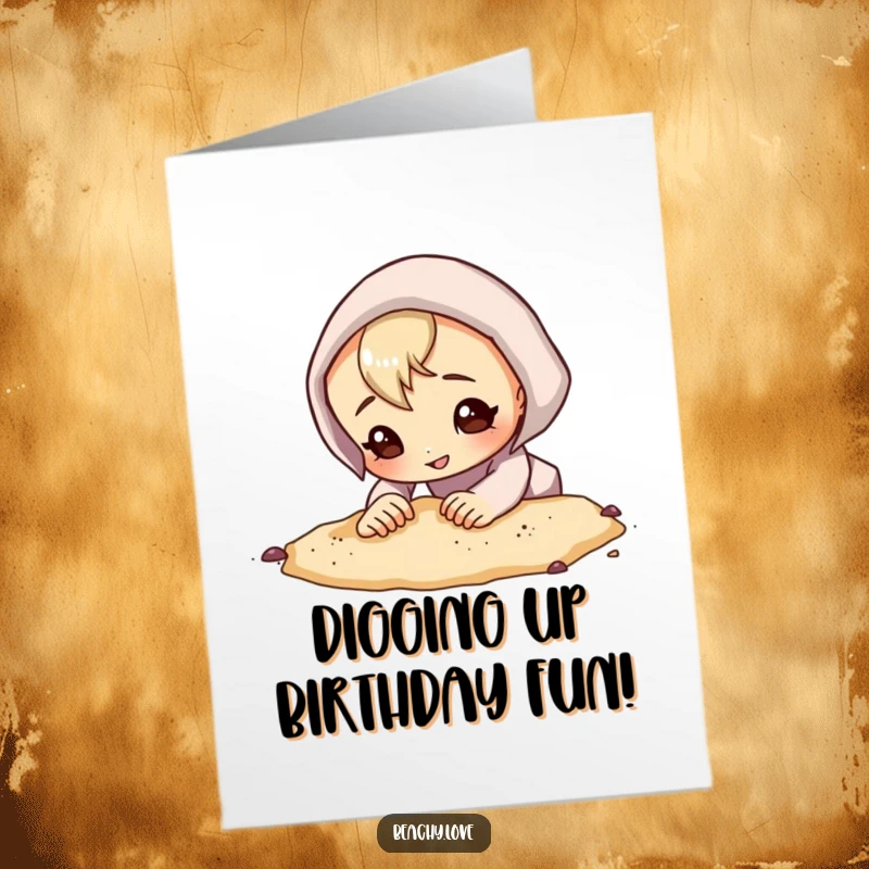 Funny Free Printable Birthday Card, curious character digging sand with determined grin, searching for birthday treasures, energetic humor.