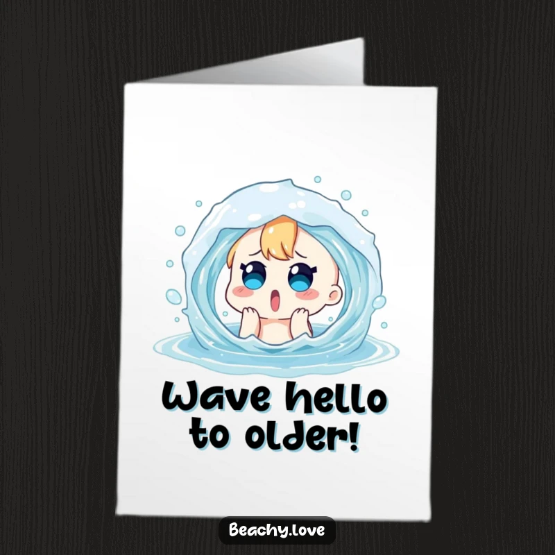 Funny Free Printable Birthday Card: Surprised character getting splashed by a playful water wave, perfect for a laugh.