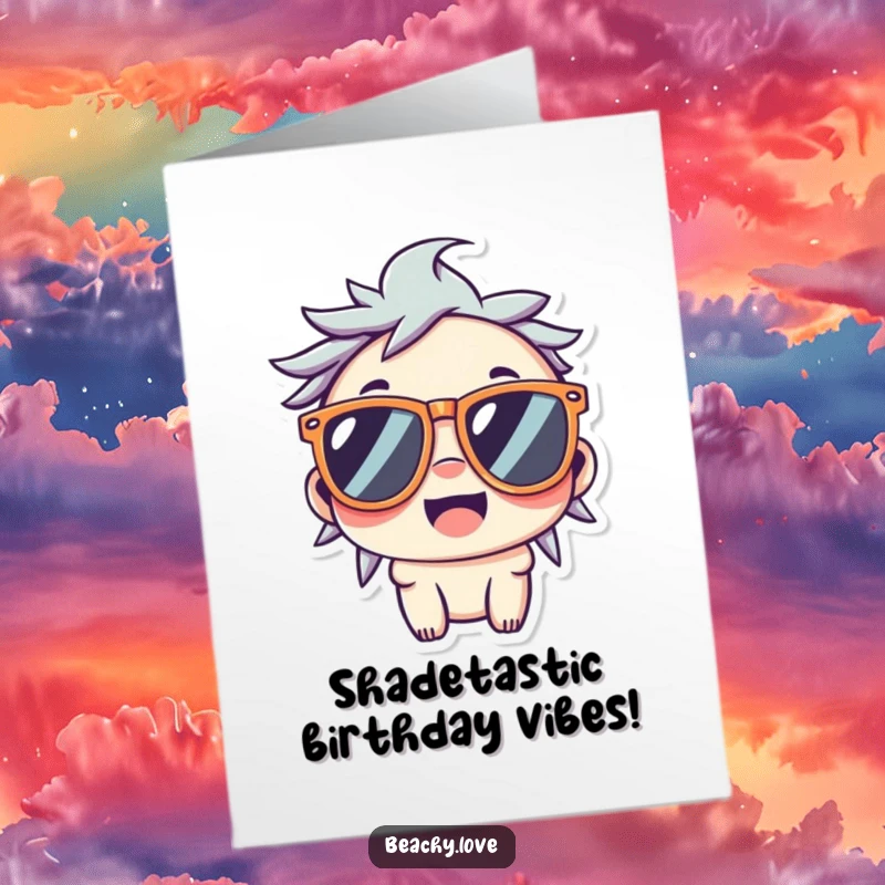 Funny Free Printable Birthday Card: Kawaii character wearing oversized sunglasses, wide smile, cool vibes, DIY gift.