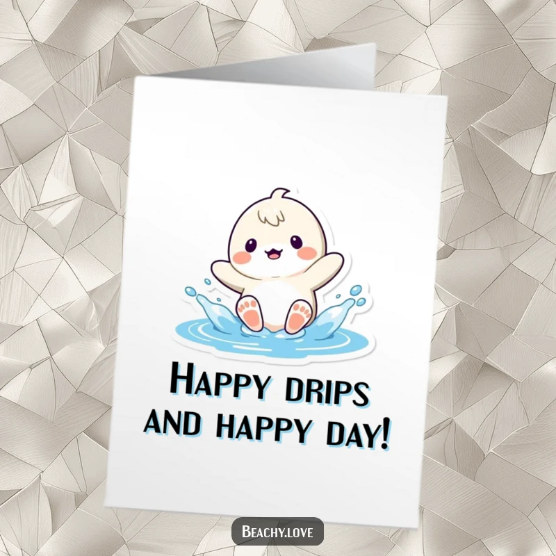 Funny free printable birthday card featuring a kawaii character playfully splashing water with their feet, bringing joy to any celebration.