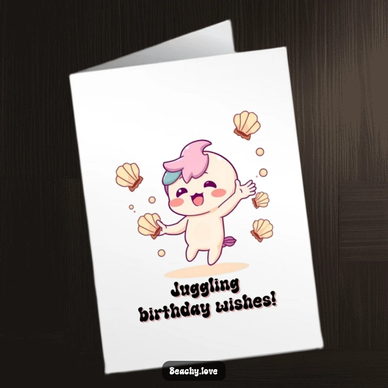 Funny Free Printable Birthday Card: Kawaii character juggling seashells with delight, playful, happy, DIY gift.
