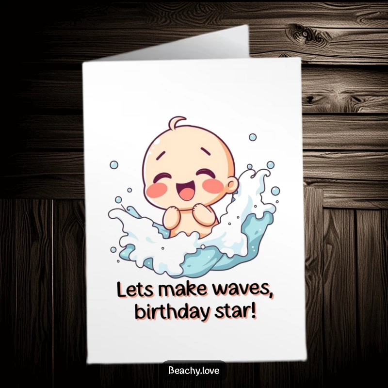Funny Free Printable Birthday Card: a kawaii character giggles joyfully as ocean waves splash around them, exciting to print.