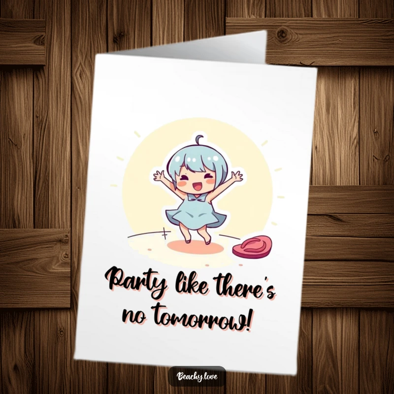 Funny Free Printable Birthday Card: Cheerful character joyfully dancing around a discarded flip-flop, celebrating.