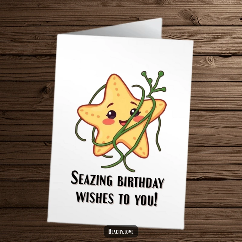 Funny Free Printable Birthday Card: Smiling starfish comically tangled in seaweed, wishing a happy birthday.