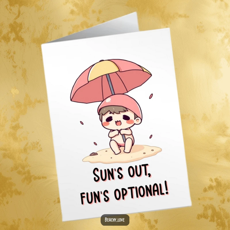 Funny Free Printable Birthday Card featuring a kawaii character comically battling a stubborn beach umbrella, ready to download.