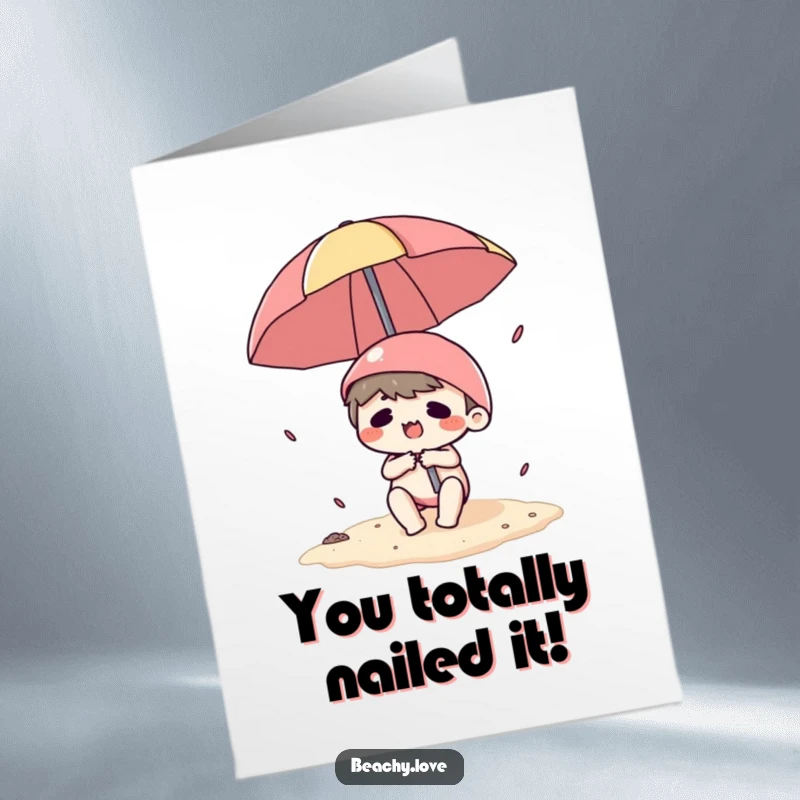 Funny Free Printable Congrats Card showing a kawaii character hilariously wrestling with an unruly beach umbrella, printable now.