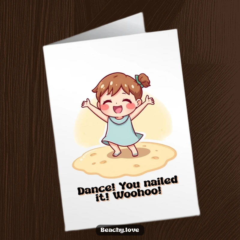 Funny Free Printable Congratulations Card: Character doing a happy dance on warm sand, celebrating a success.