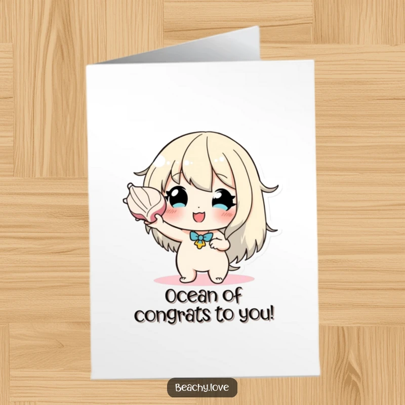 Funny Free Printable Congratulations Card, hopeful character holding seashell, imagining future triumphs, sweet and amusing.