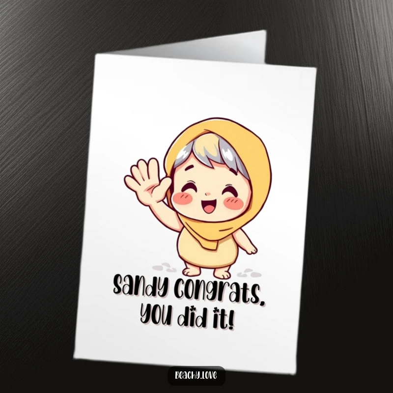 Funny free printable congratulations card showing a character with a sandy hand giving a big, playful wave. Quick print.