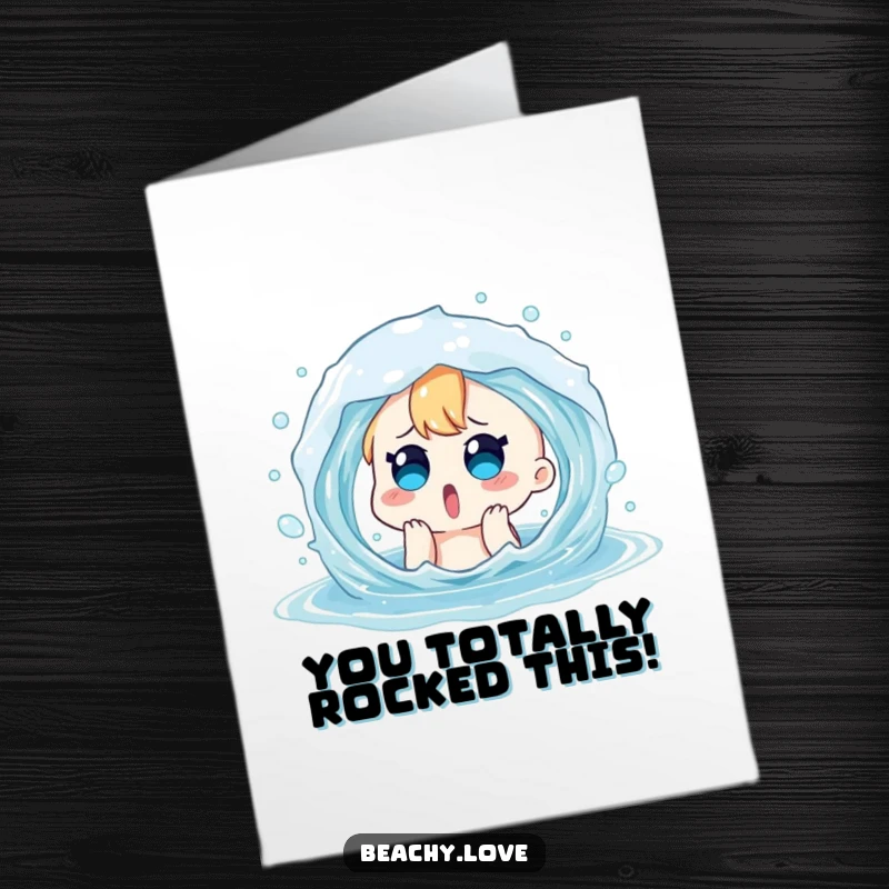 Funny Free Printable Congratulations Card: Character surprised by a water splash, celebrating success with humor.