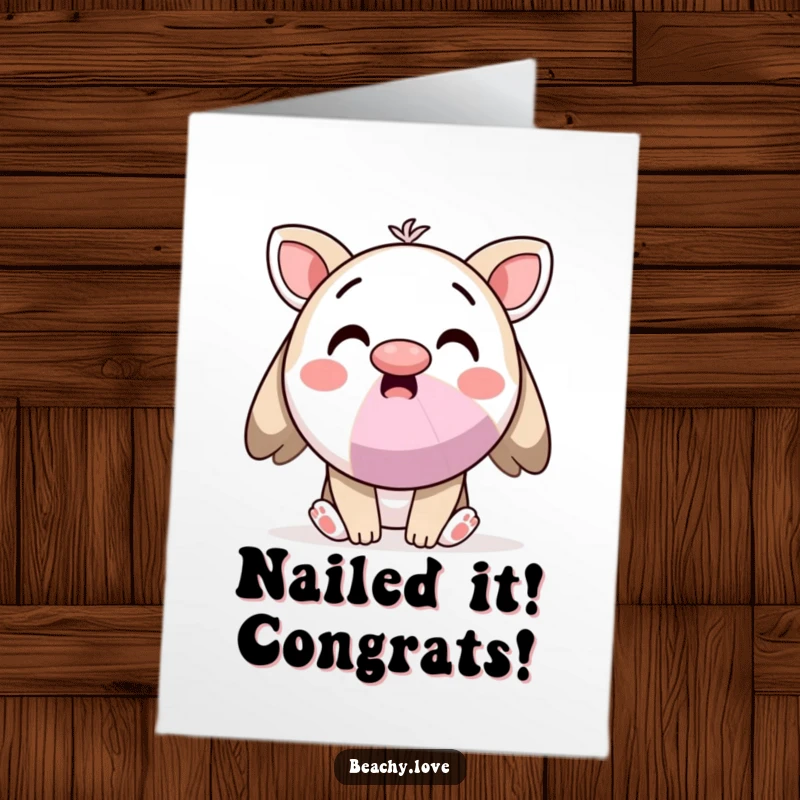 Funny Free Printable Congrats Card: Kawaii character balancing beach ball on nose in surprise, unique download.