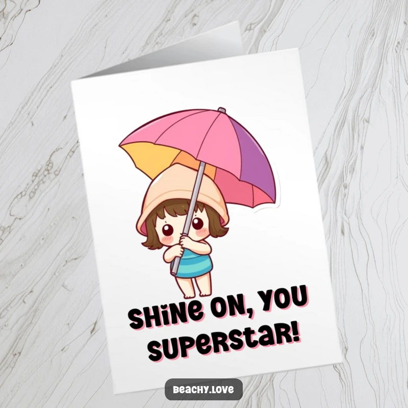 Funny free printable congratulations card showing a kawaii character holding a colorful beach umbrella, a symbol of relaxation and celebration.