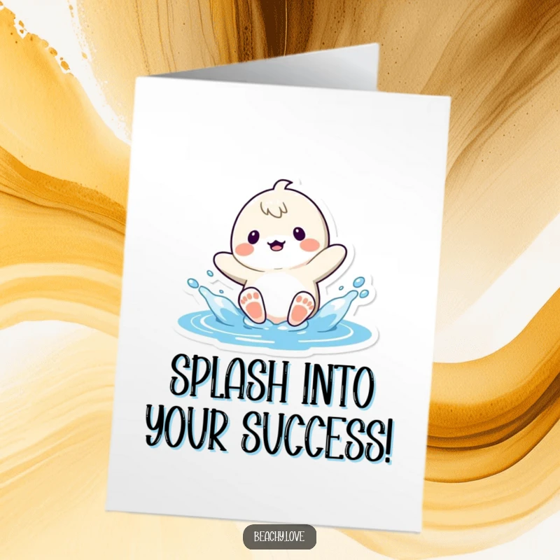 Funny free printable congratulations card showing a kawaii character joyfully splashing water with their feet, celebrating success.