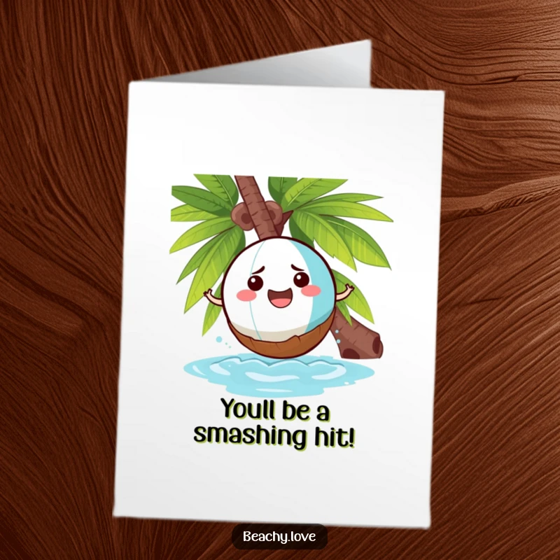 Funny Free Printable Congratulations Card: Beach ball comically impacting a grumpy coconut, celebrating victory.