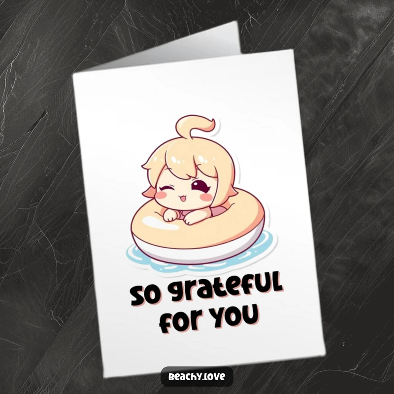 Funny Free Printable Thank You Card: a kawaii character winks knowingly while floating on an inflatable, ready to print.