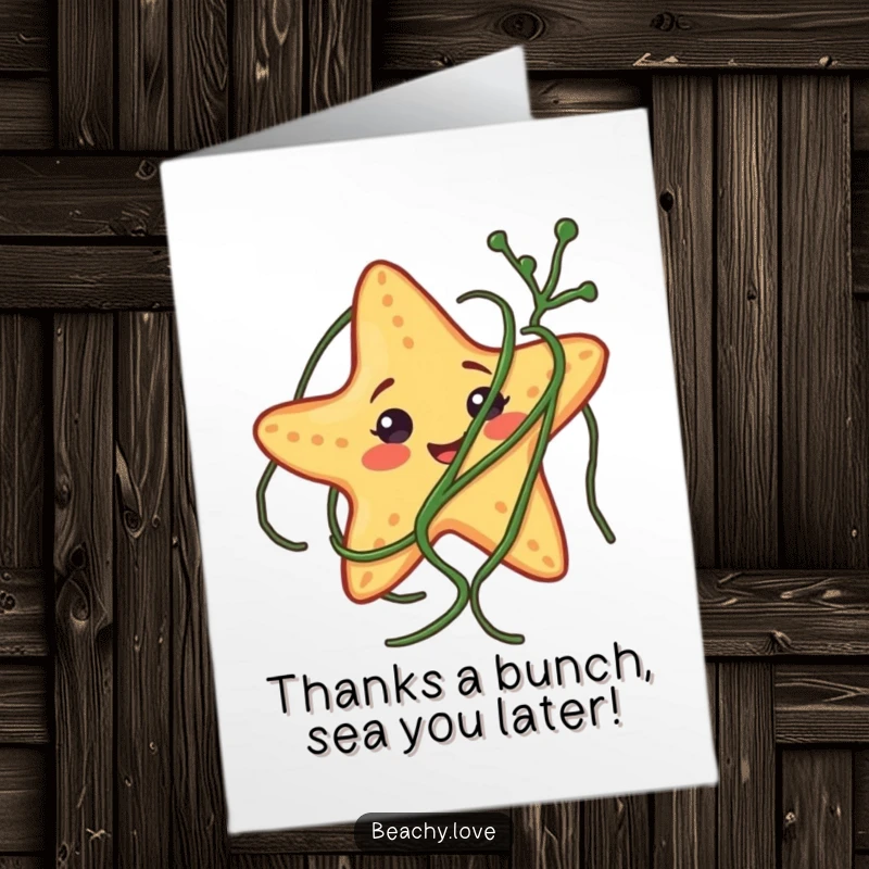 Funny Free Printable Thank You Card: Grateful starfish comically tangled in seaweed, expressing thanks.