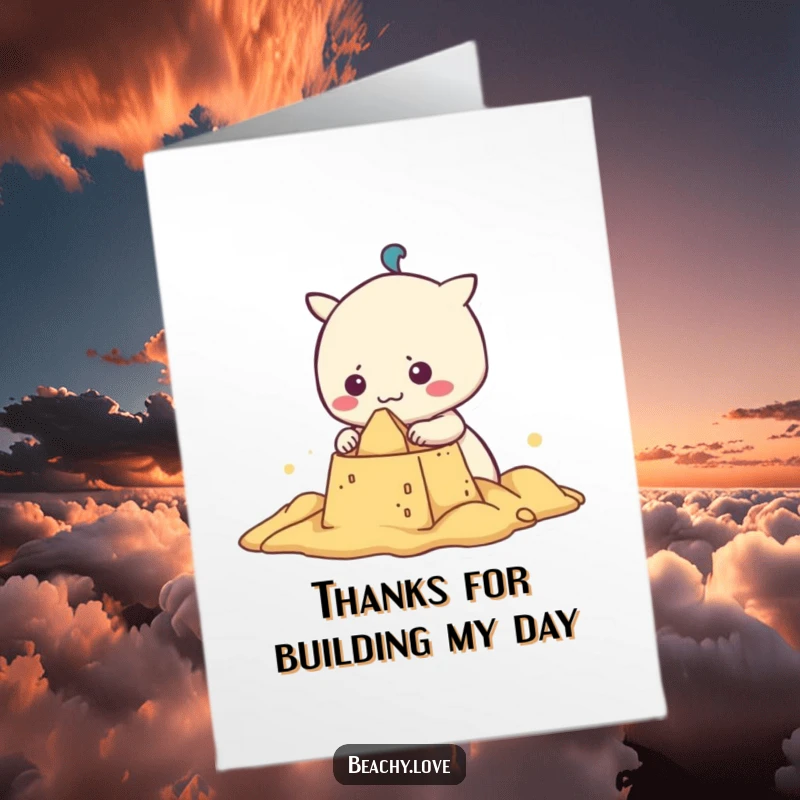 Funny free printable thank you card with a kawaii character's determined grin building a sandcastle, a delightful way to say thanks.