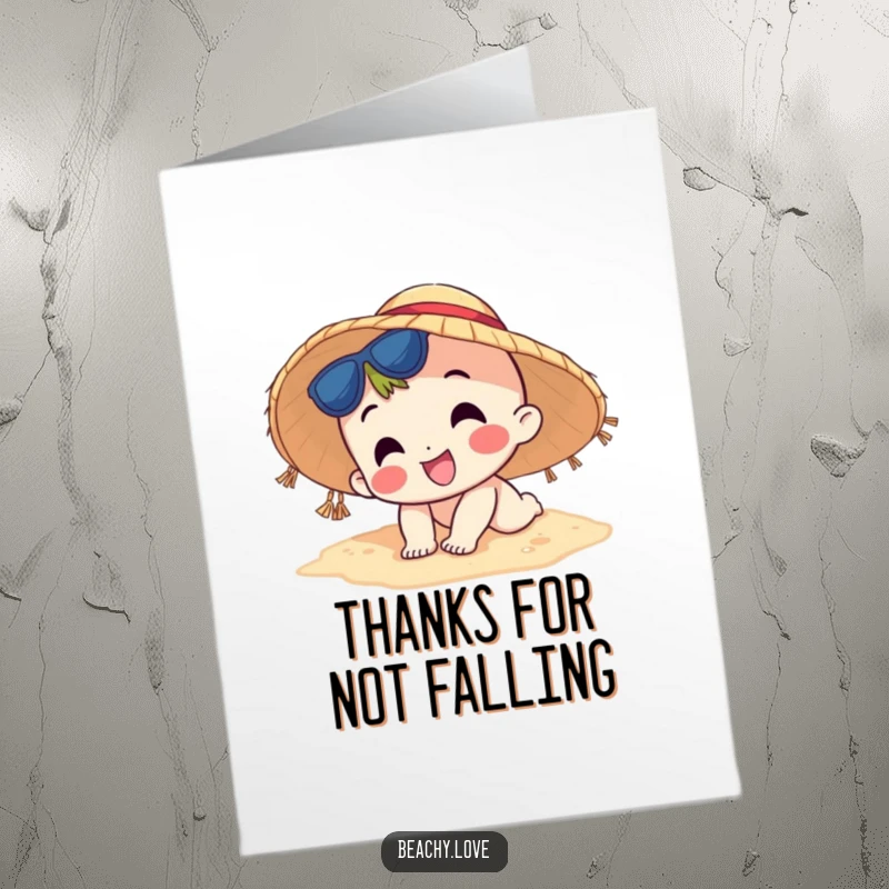 Funny Free Printable Thank You Card: Character in a sun hat comically tripping on sand, conveying thanks with humor.