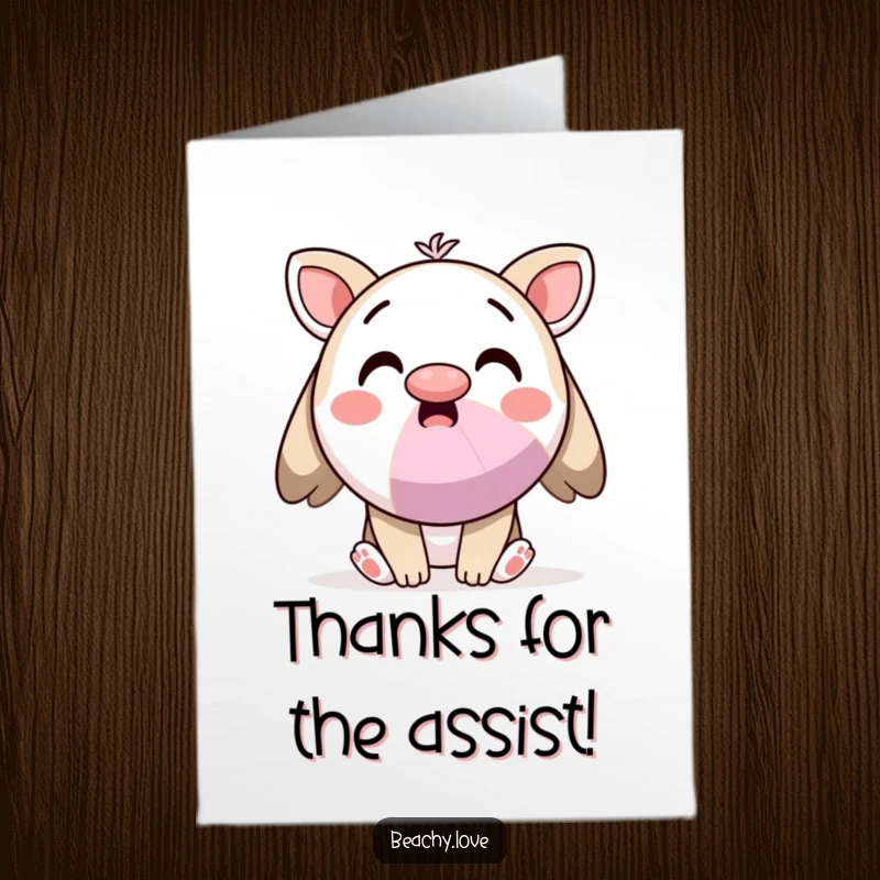 Funny Free Printable Thank You Card: Kawaii character balancing beach ball on nose, expressing thanks, DIY joy.