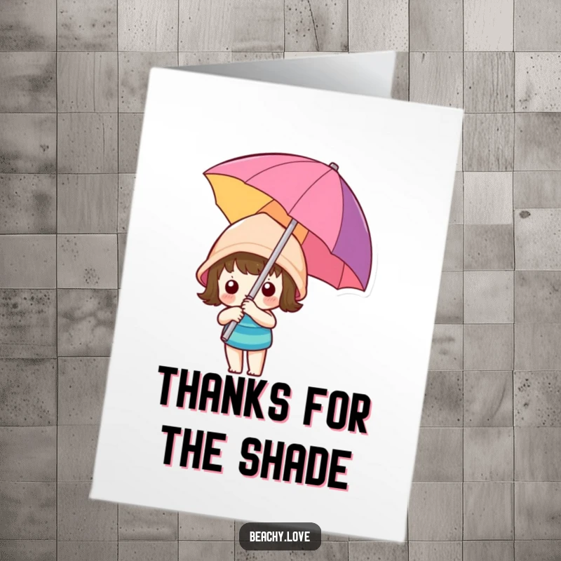 Funny free printable thank you card with a kawaii character holding a colorful beach umbrella, a stylish way to say thank you.