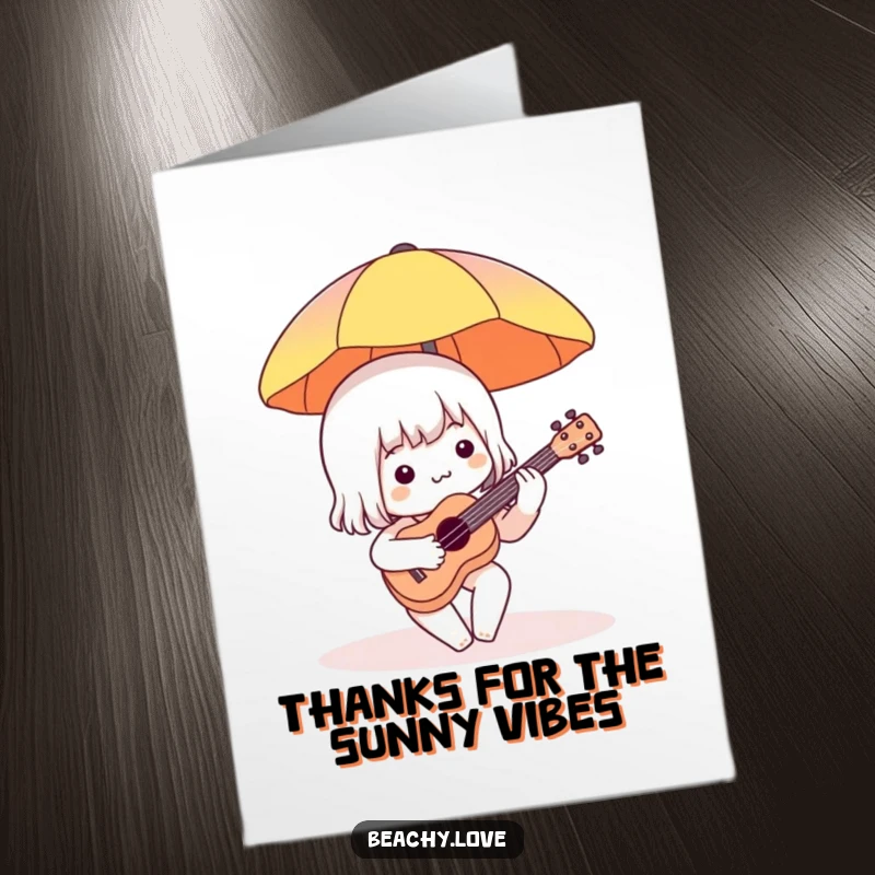 Funny Free Printable Thank You Card, charming character playing ukulele under beach umbrella, expressing thanks with a musical note.