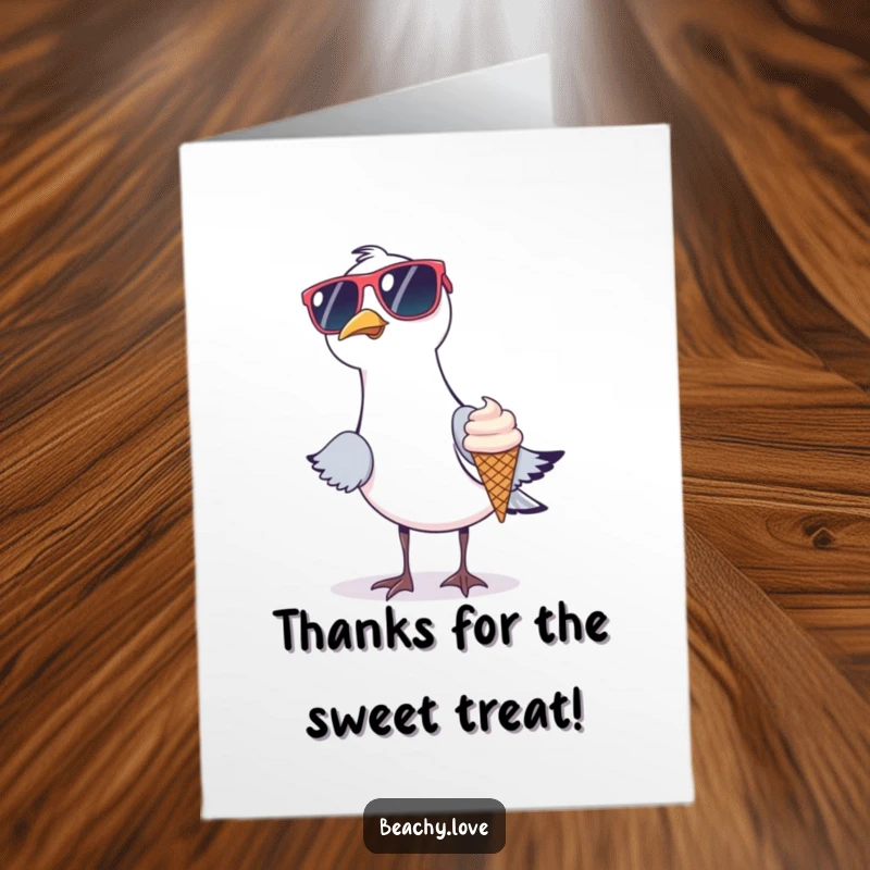 Funny Free Printable Thank You Card: A seagull in oversized sunglasses trying to steal a tiny ice cream cone, saying thanks.
