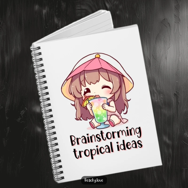 Funny notebook with a character sipping a small drink with a colorful umbrella, perfect for jotting down funny vacation ideas.