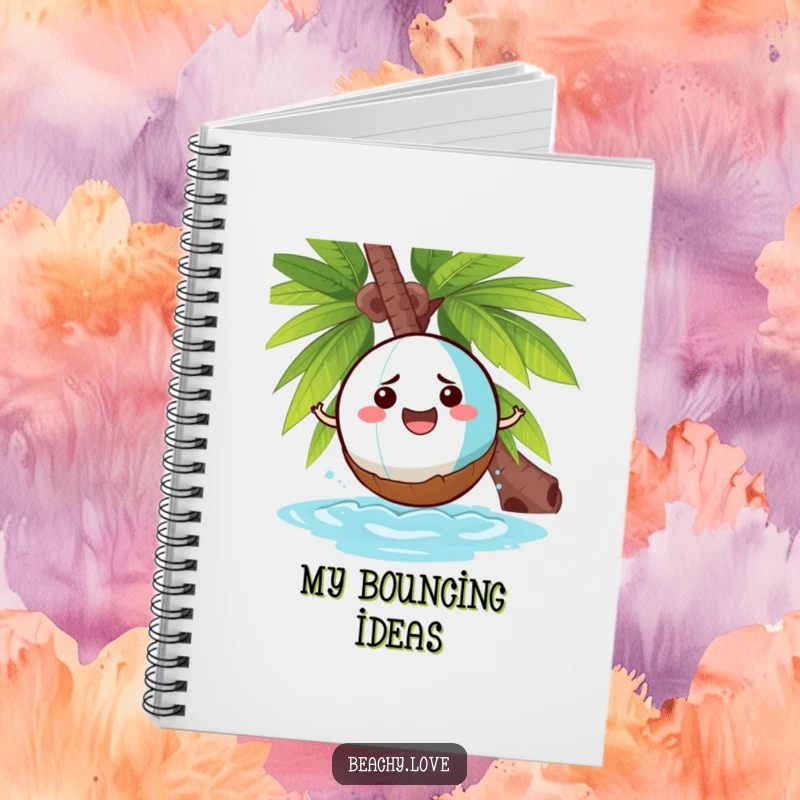 Funny notebook with a cheerful beach ball comically bouncing off a grumpy coconut, perfect for notes with a tropical theme.