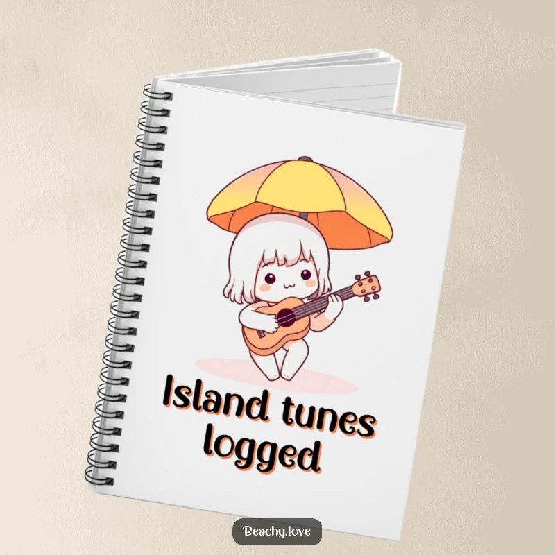 Funny notebook cover with a charming character playing a tiny ukulele under a beach umbrella, inspiring musical doodles and creative writing.