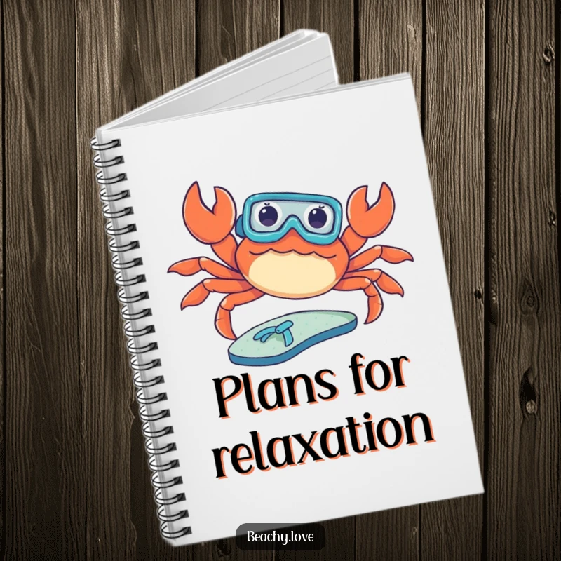 Funny notebook cover with a crab wearing a tiny snorkel, sunbathing on a flip-flop. Humorous beach-themed journal. Great stationary.