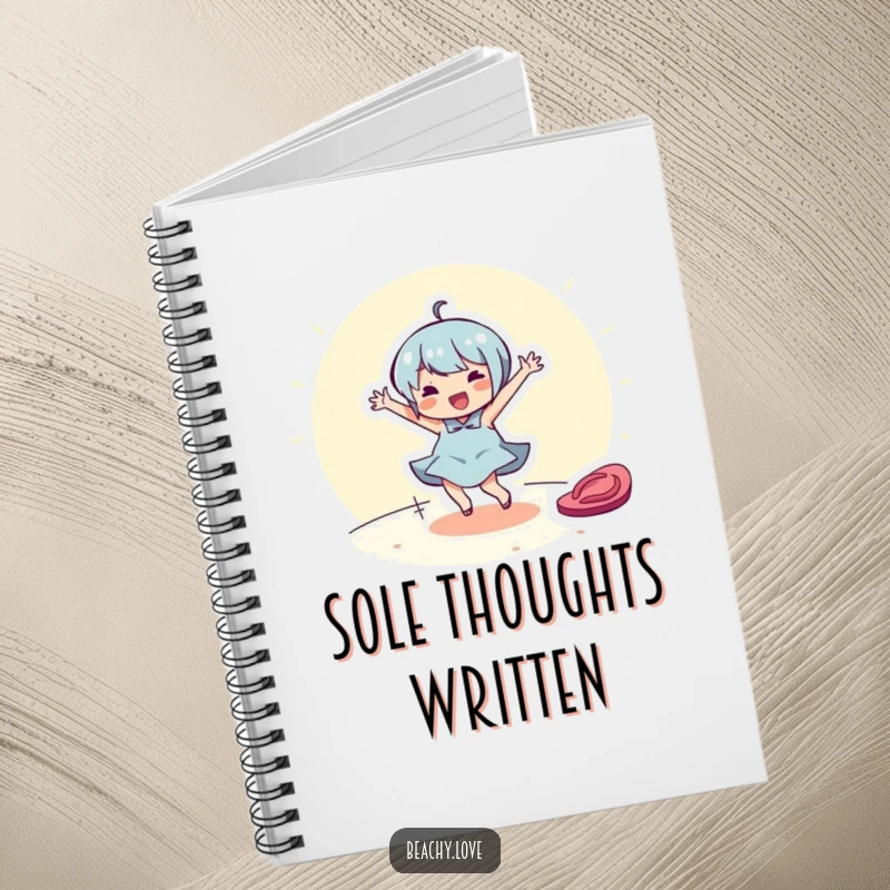 Funny notebook with a cheerful character dancing around a flip-flop on the cover. Ideal for note-taking.