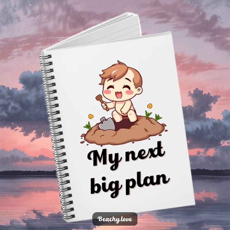 Funny digging excitement notebook featuring a beaming character digging with a tiny shovel, perfect for jotting down enthusiastic plans.