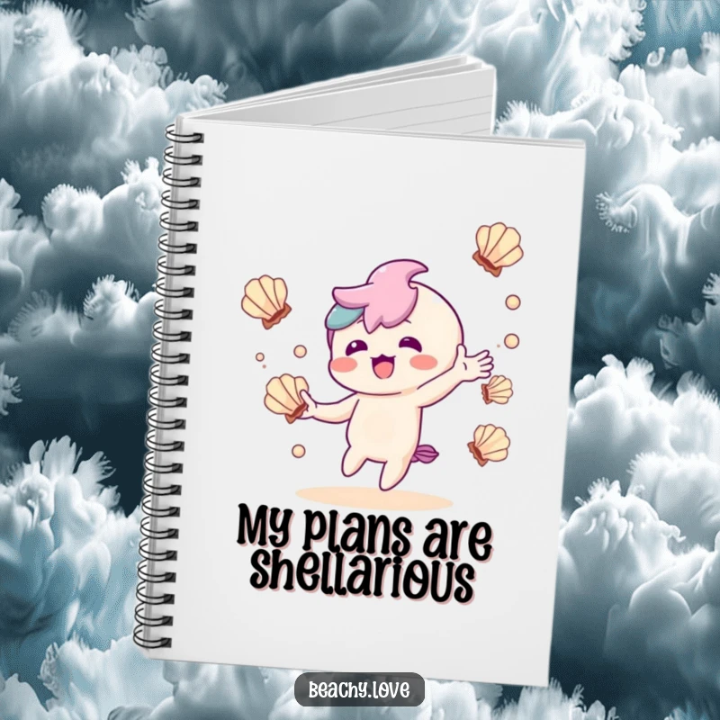 Funny notebook with a delighted kawaii character juggling seashells, inspiring skillful and creative thoughts.