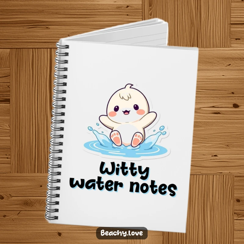 Funny kawaii character splashing water with their feet, shown on a notebook cover, ideal for jotting down fun ideas and beach memories.