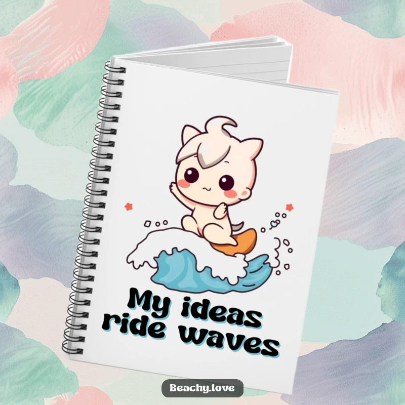 Funny notebook with a happy kawaii character riding a friendly wave, inspiring adventurous ideas.