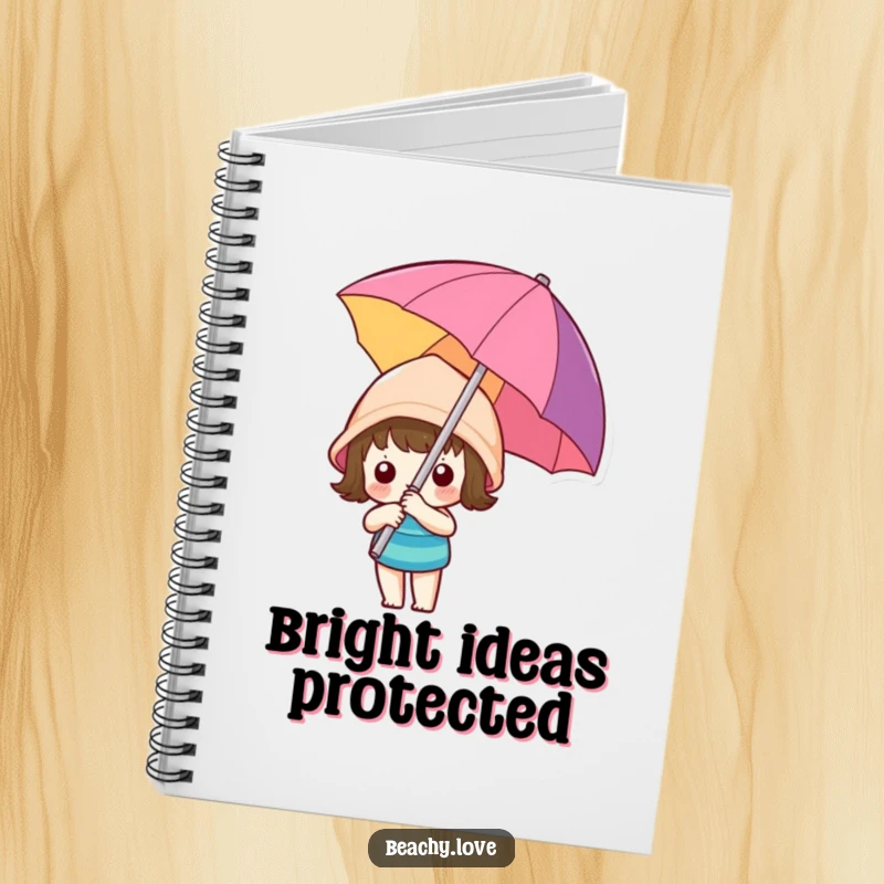 Funny kawaii character holding a colorful beach umbrella, shown on a notebook cover, perfect for jotting down sunny ideas and beach memories.