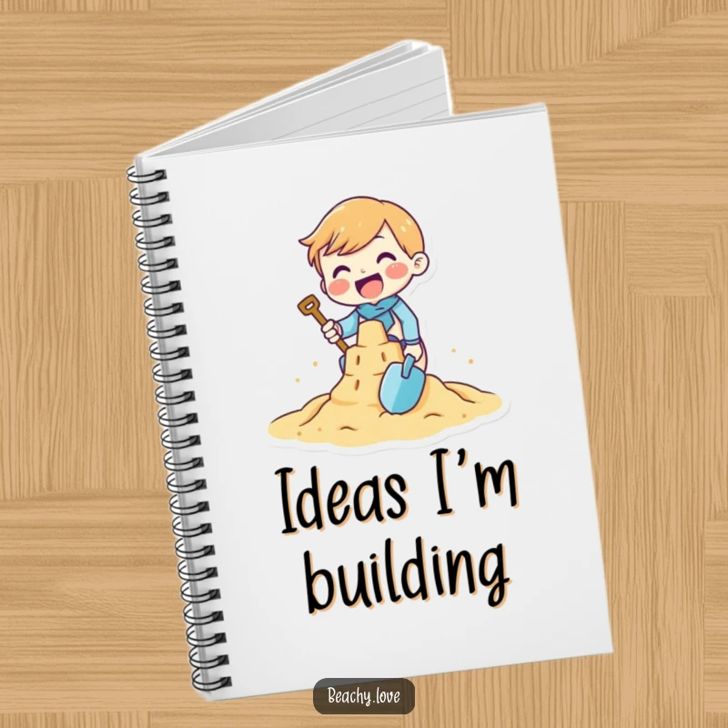 Funny notebook with a tiny character gleefully building a sandcastle with a small shovel, designed for beach memories and creative ideas.