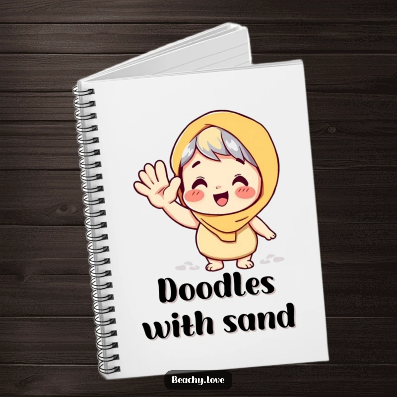 Funny notebook with a character giving a big, playful wave with a sandy hand, perfect for jotting down funny beach memories.