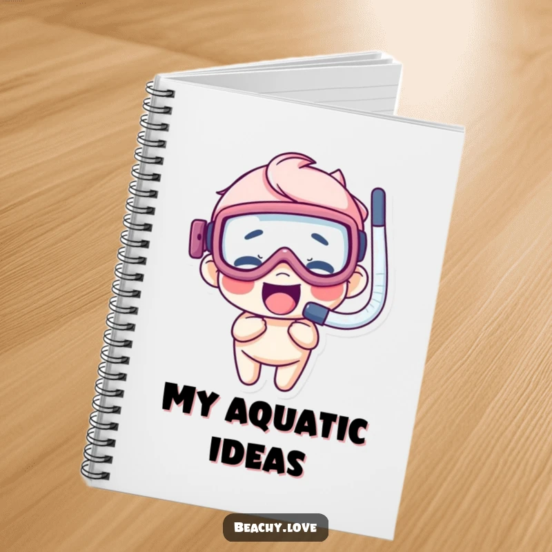Funny notebook with a giggling character wearing oversized goggles and a snorkel, perfect for jotting down underwater ideas.