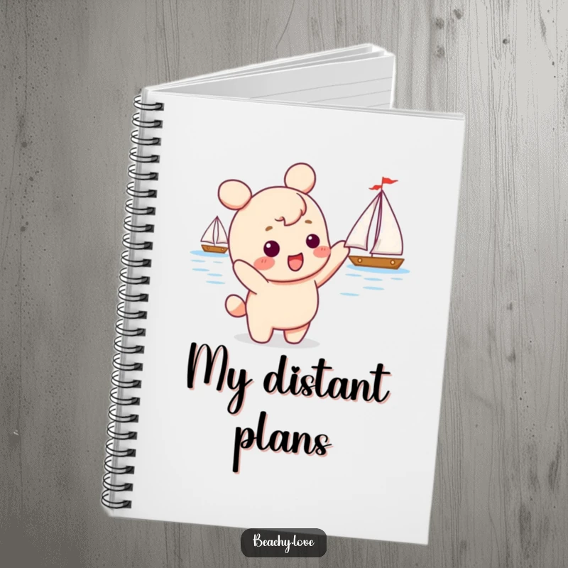 Funny kawaii character excitedly pointing at a sailboat, shown on a notebook cover, perfect for jotting down adventure plans and dreams.