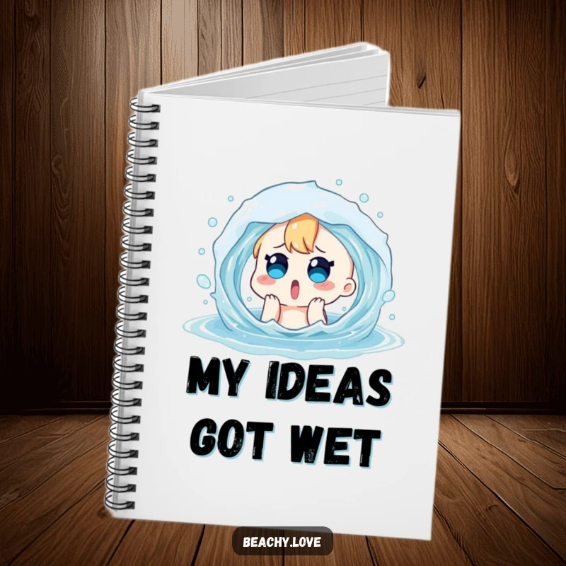 Funny notebook with a surprised cartoon character playfully splashed by a water wave on the cover. Ideal for note-taking.