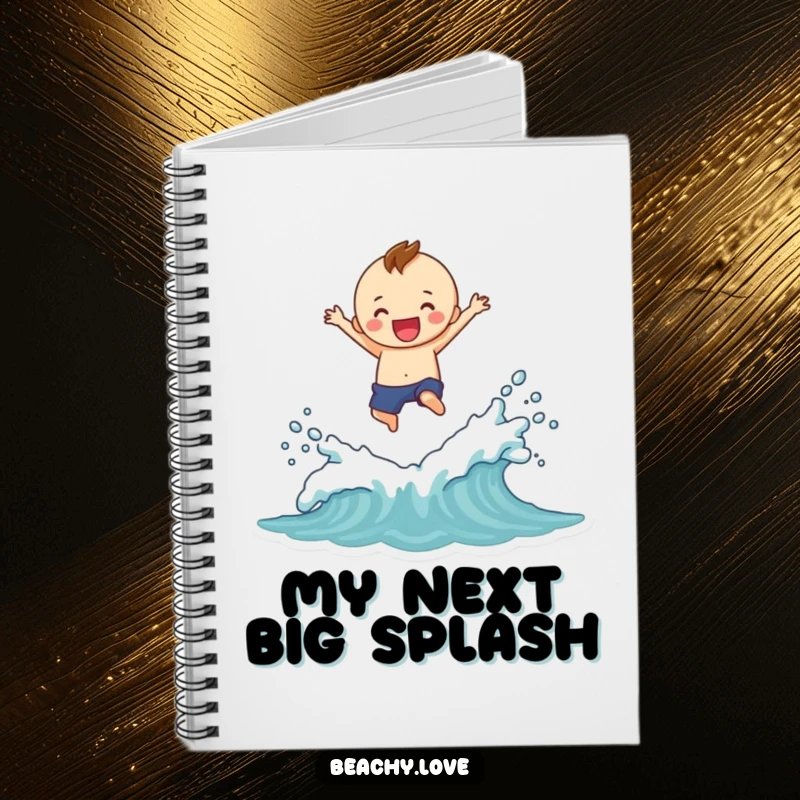 Funny notebook with a cheerful figure leaping over small waves, illustrating a big splash, perfect for notes and doodles.