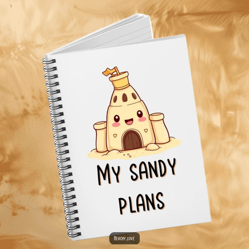 Funny notebook with a happy sandcastle wearing a tiny bucket and spade, perfect for jotting down notes with a beach theme.