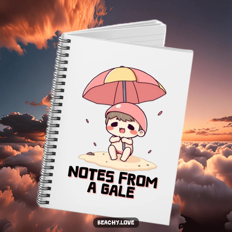 Funny notebook with a kawaii character in a comical losing battle with a beach umbrella, lined pages, space for notes and jokes.