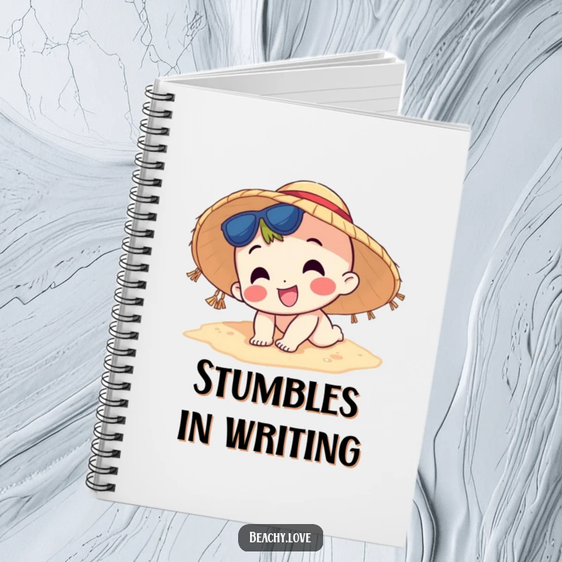 Funny notebook with a happy character in a sun hat comically tripping on the sand, perfect for journaling and creative ideas.