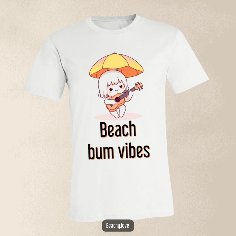 Funny t-shirt showcasing a charming character with a tiny ukulele under a beach umbrella, radiating playful musical energy and vacation bliss.