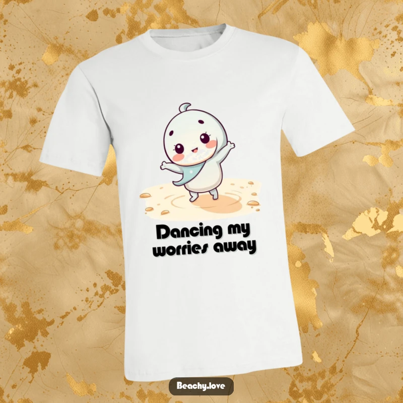 Funny kawaii character performing a silly dance with enthusiasm on warm beach sand, perfect for a fun t-shirt.
