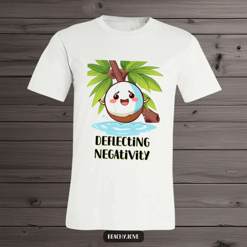 Funny t-shirt with a cheerful beach ball comically bouncing off a grumpy coconut, perfect for tropical and beach lovers.