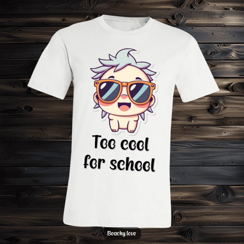 Funny t-shirt with a kawaii character wearing oversized sunglasses and a wide smile, exuding coolness and happiness.