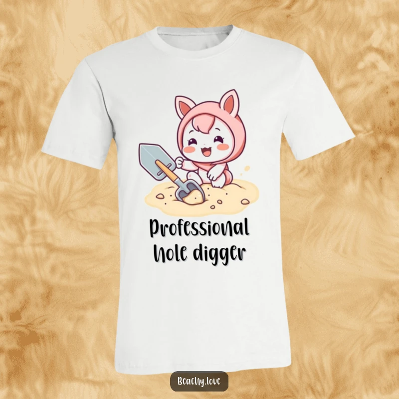 Funny t-shirt with a cute kawaii character gleefully digging in sand using a shovel, expressing playful outdoor adventure.